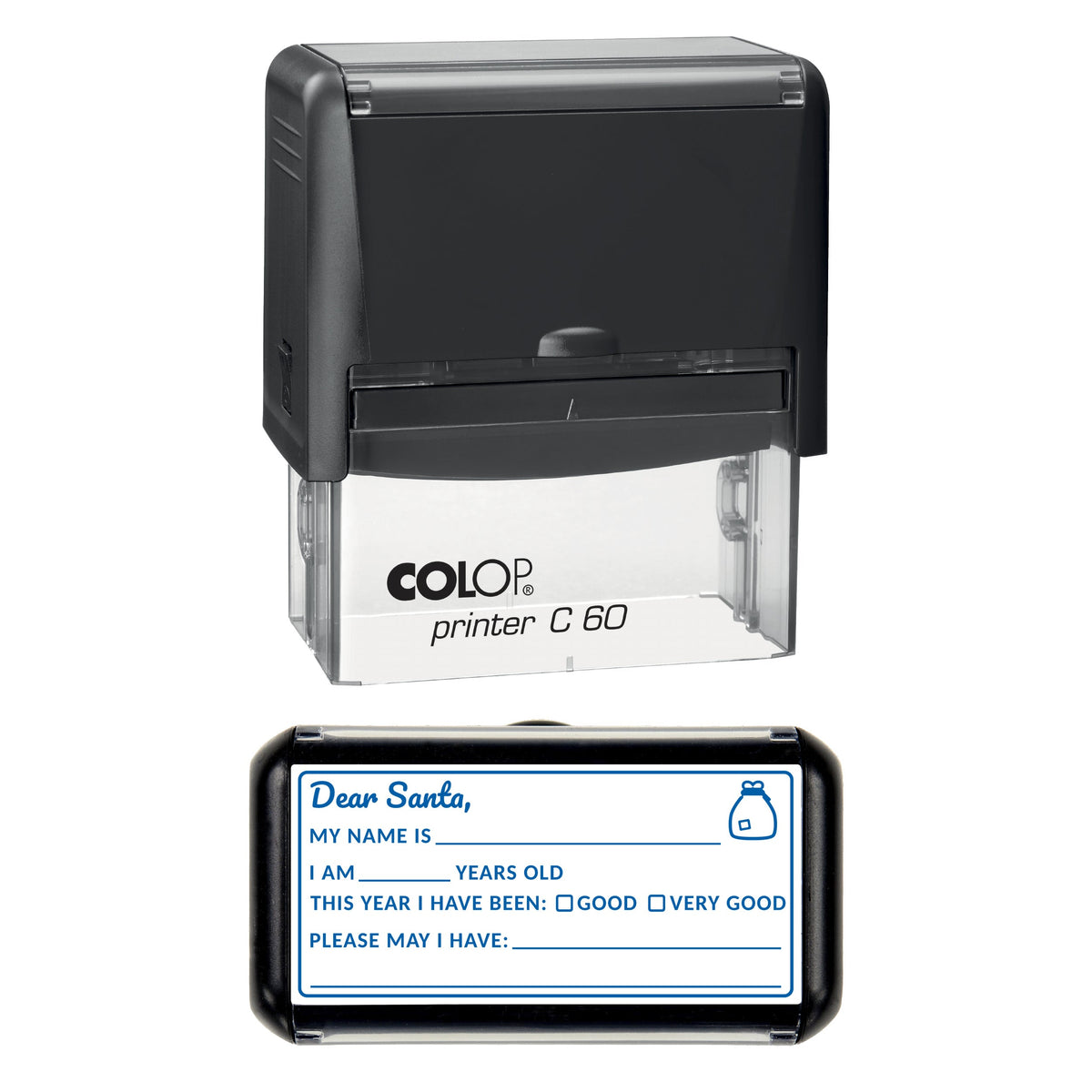 Stamp showing the Letter to Santa Christmas Write-In design, 77 x 36mm COLOP C60 self-inking stamp, blue ink