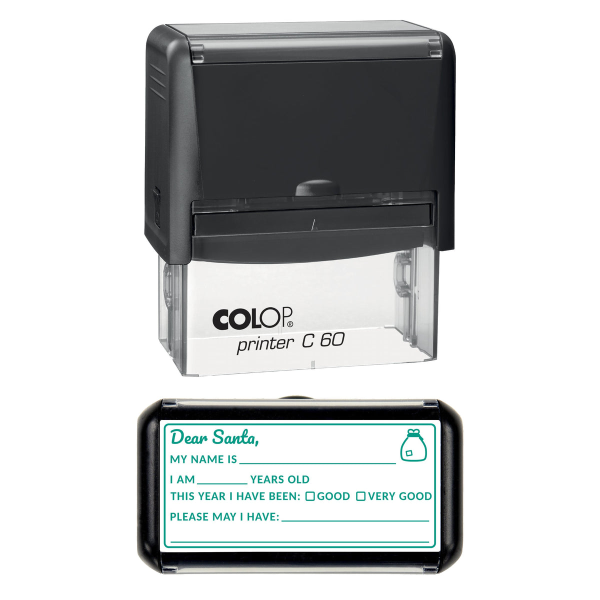 Stamp showing the Letter to Santa Christmas Write-In design, 77 x 36mm COLOP C60 self-inking stamp, green ink