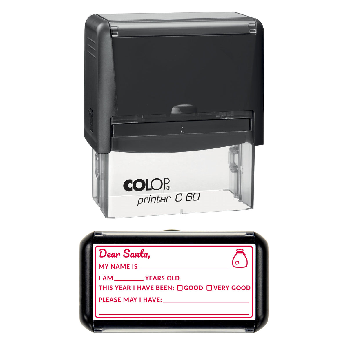 Stamp showing the Letter to Santa Christmas Write-In design, 77 x 36mm COLOP C60 self-inking stamp, red ink
