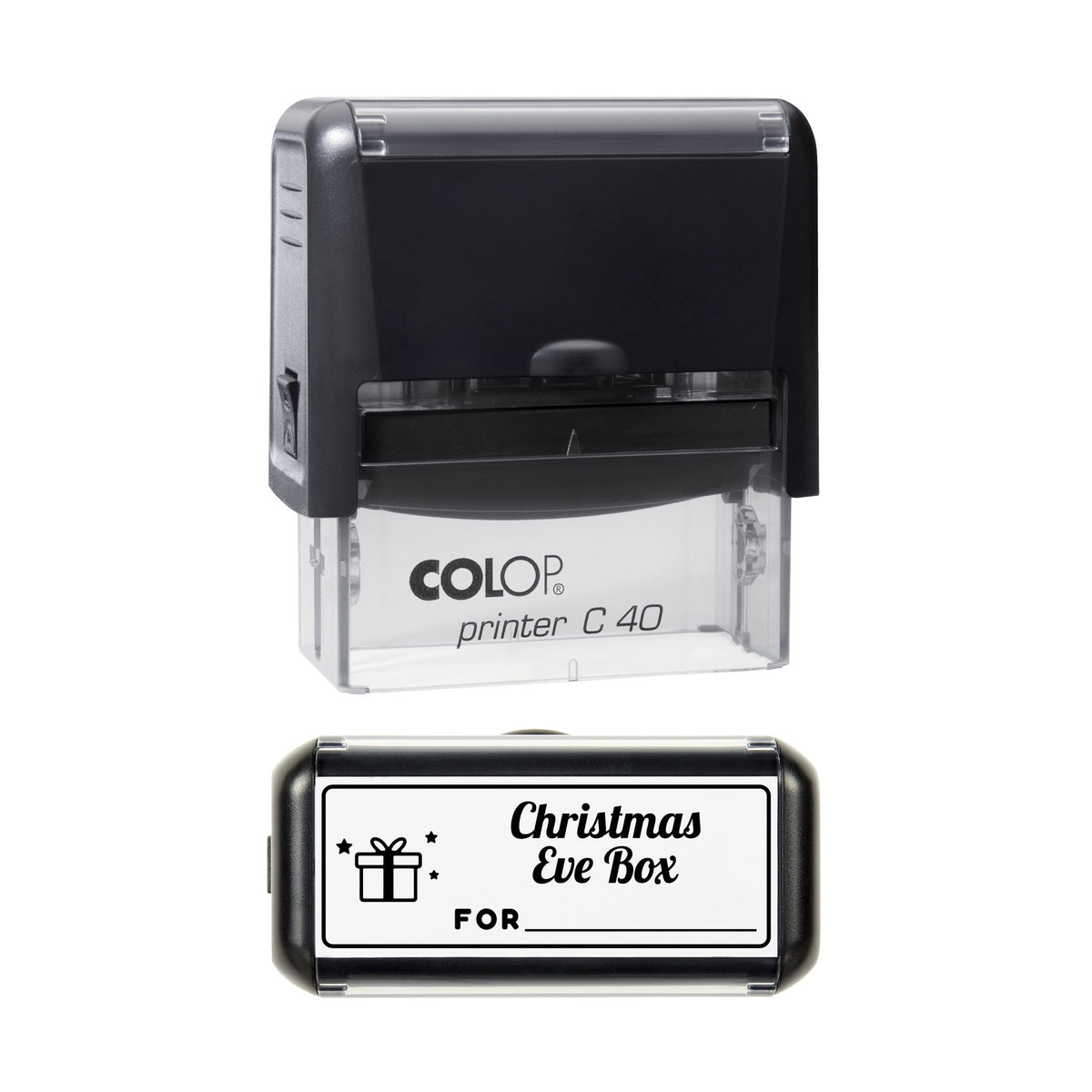 Stamp showing the Christmas Eve Box Write-In Label design, 58 x 22mm COLOP C40 self-inking stamp, black ink