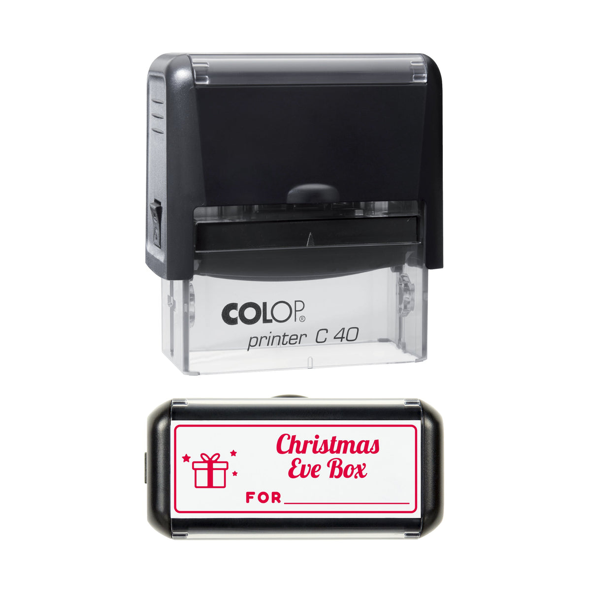 Stamp showing the Christmas Eve Box Write-In Label design, 58 x 22mm COLOP C40 self-inking stamp, red ink