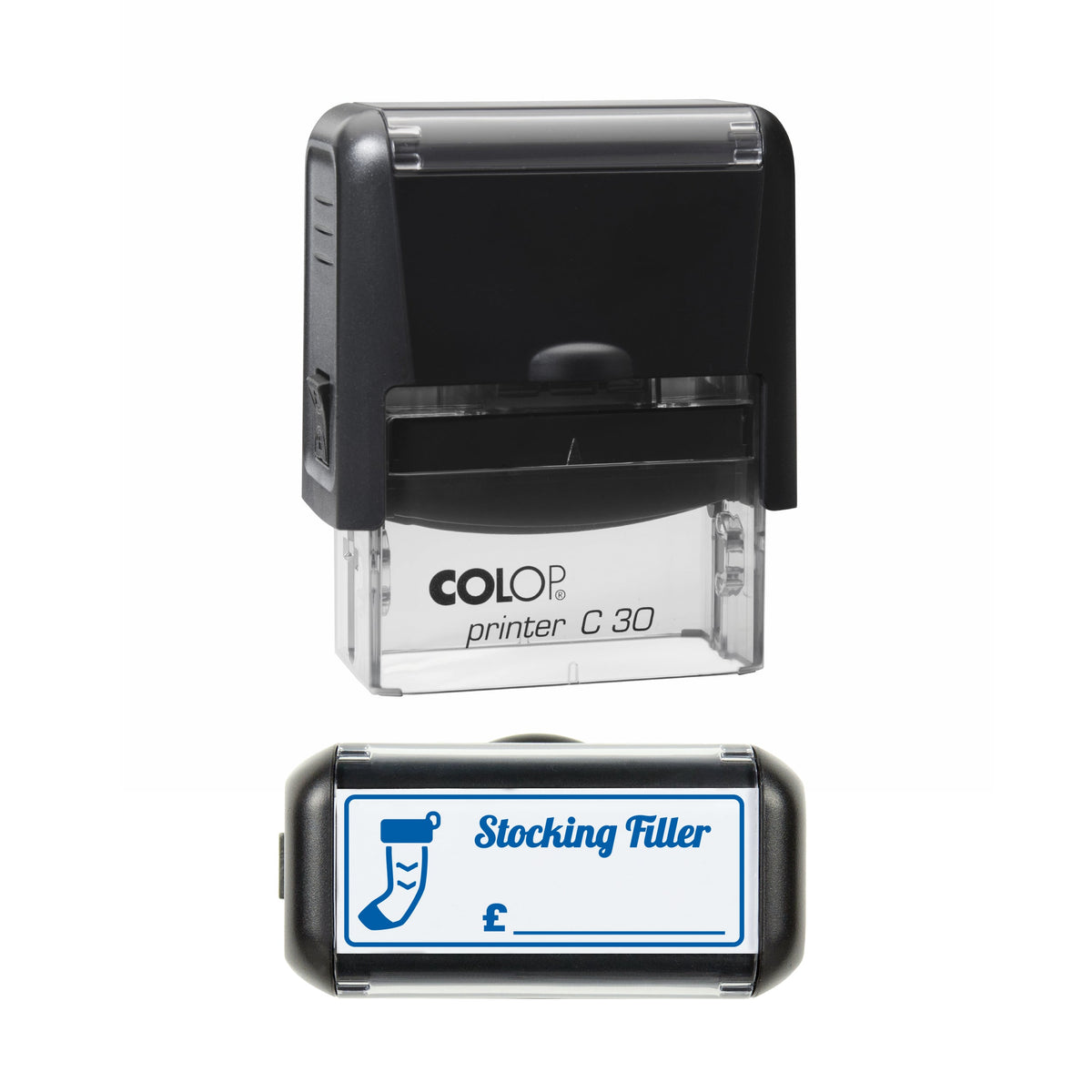 Stamp showing the Christmas Stocking Filler Price design, 45 x 18mm COLOP C30 self-inking stamp, blue ink