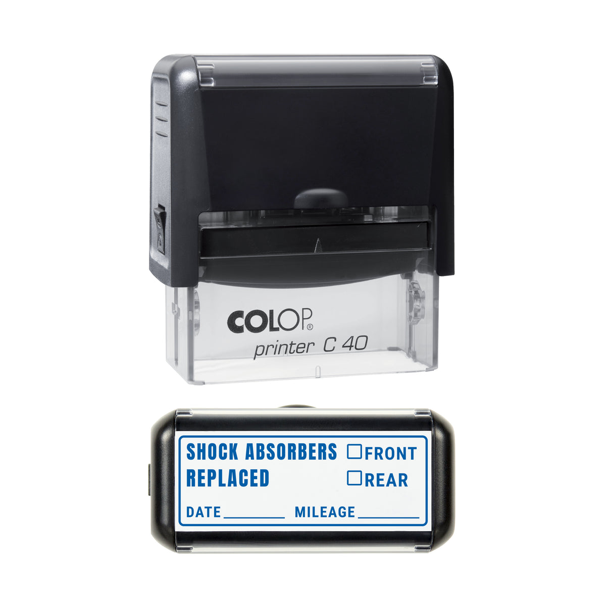 Shock Absorbers Replaced Stamp, COLOP C40, 58 x 22mm, blue ink