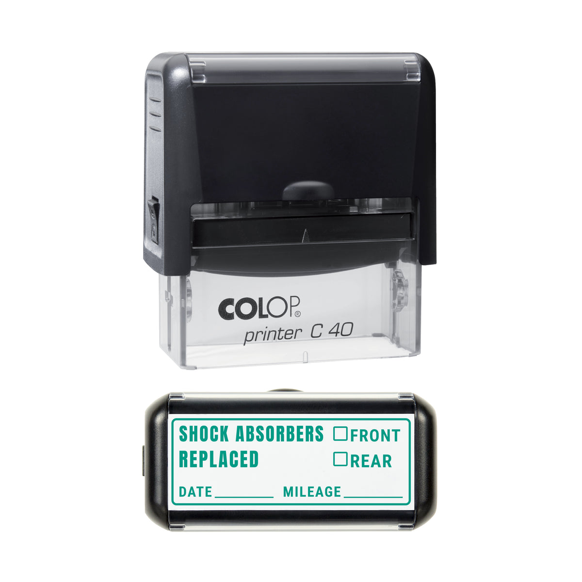 Shock Absorbers Replaced Stamp, COLOP C40, 58 x 22mm, green ink