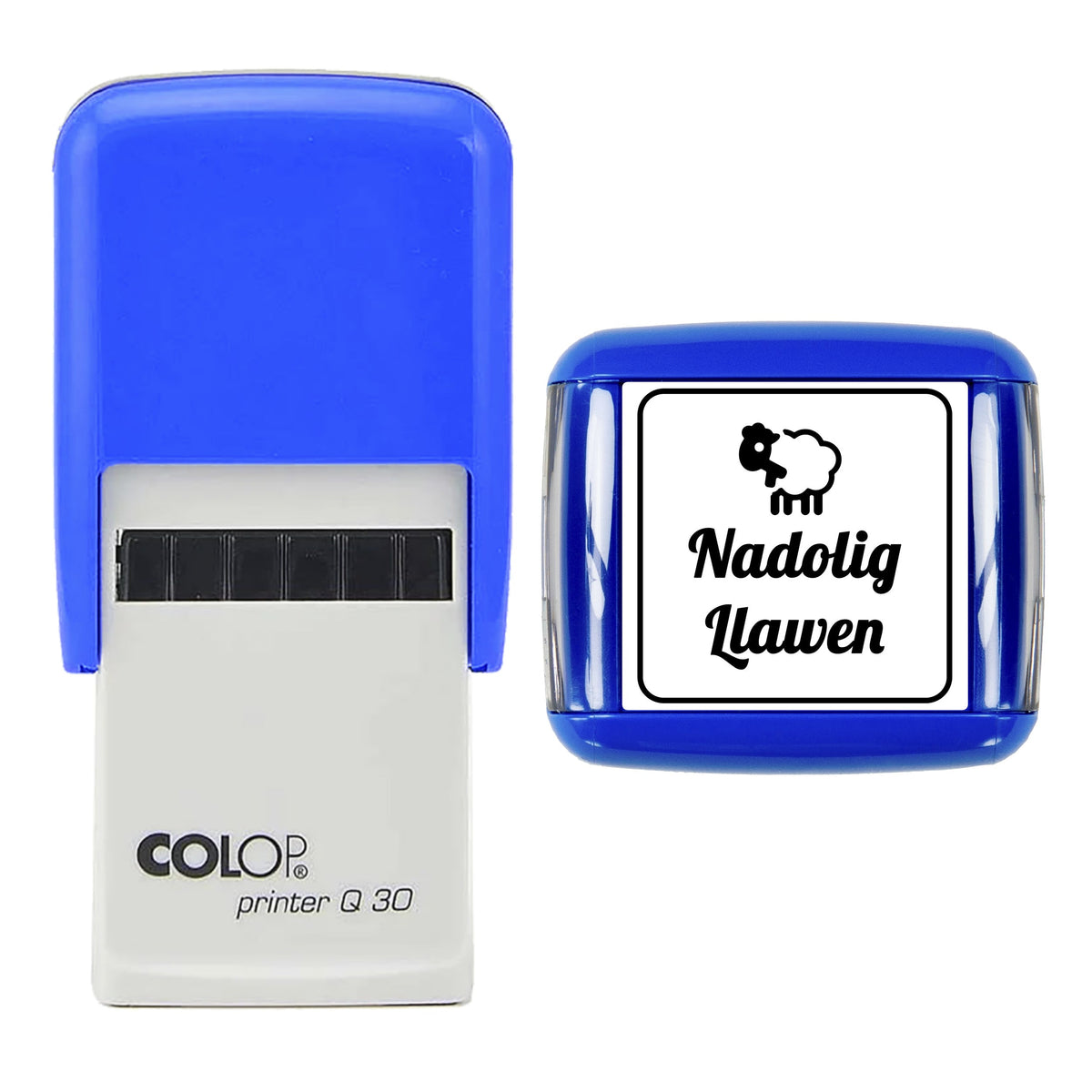 Stamp showing the Nadolig Llawen Welsh Christmas design, 30 x 30mm COLOP Q30 self-inking stamp, black ink