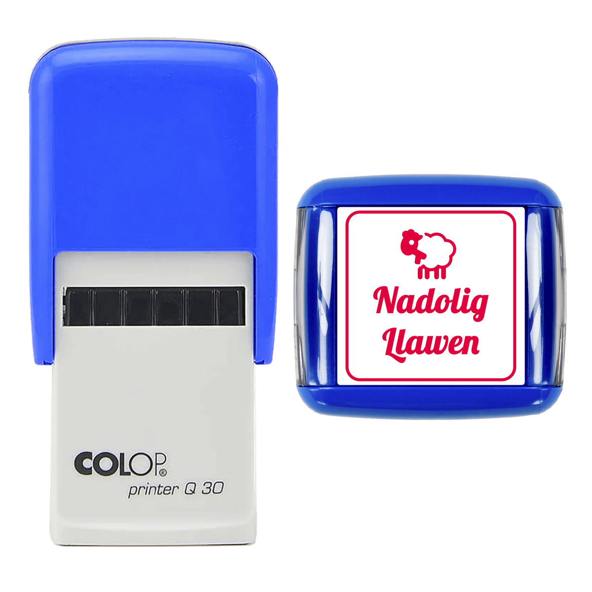 Stamp showing the Nadolig Llawen Welsh Christmas design, 30 x 30mm COLOP Q30 self-inking stamp, red ink