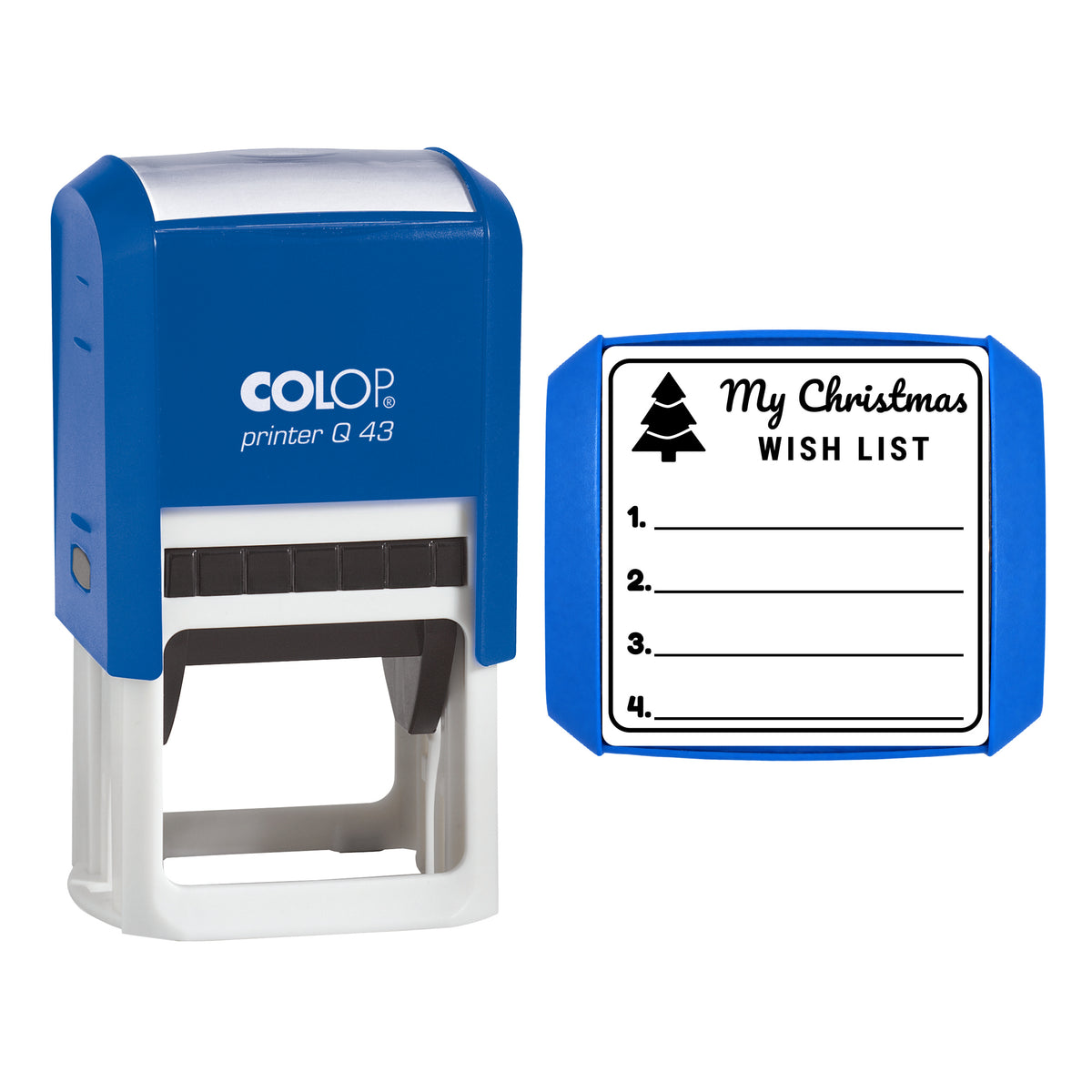 Stamp showing the My Christmas Wish List design, 43 x 43mm COLOP Q43 self-inking stamp, black ink