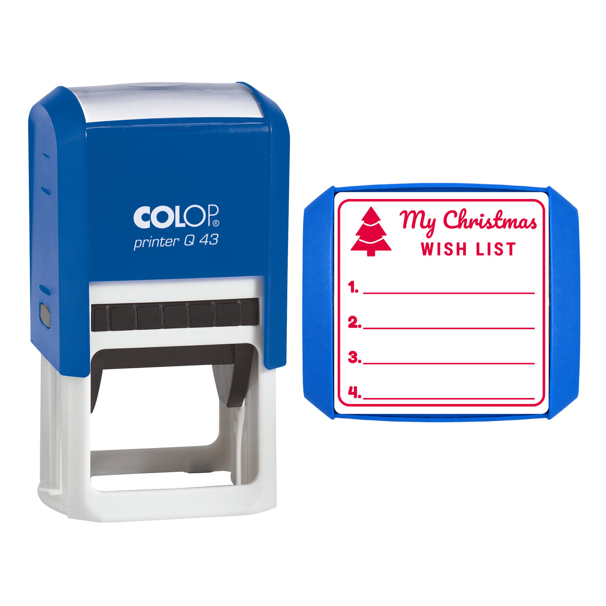 Stamp showing the My Christmas Wish List design, 43 x 43mm COLOP Q43 self-inking stamp, red ink
