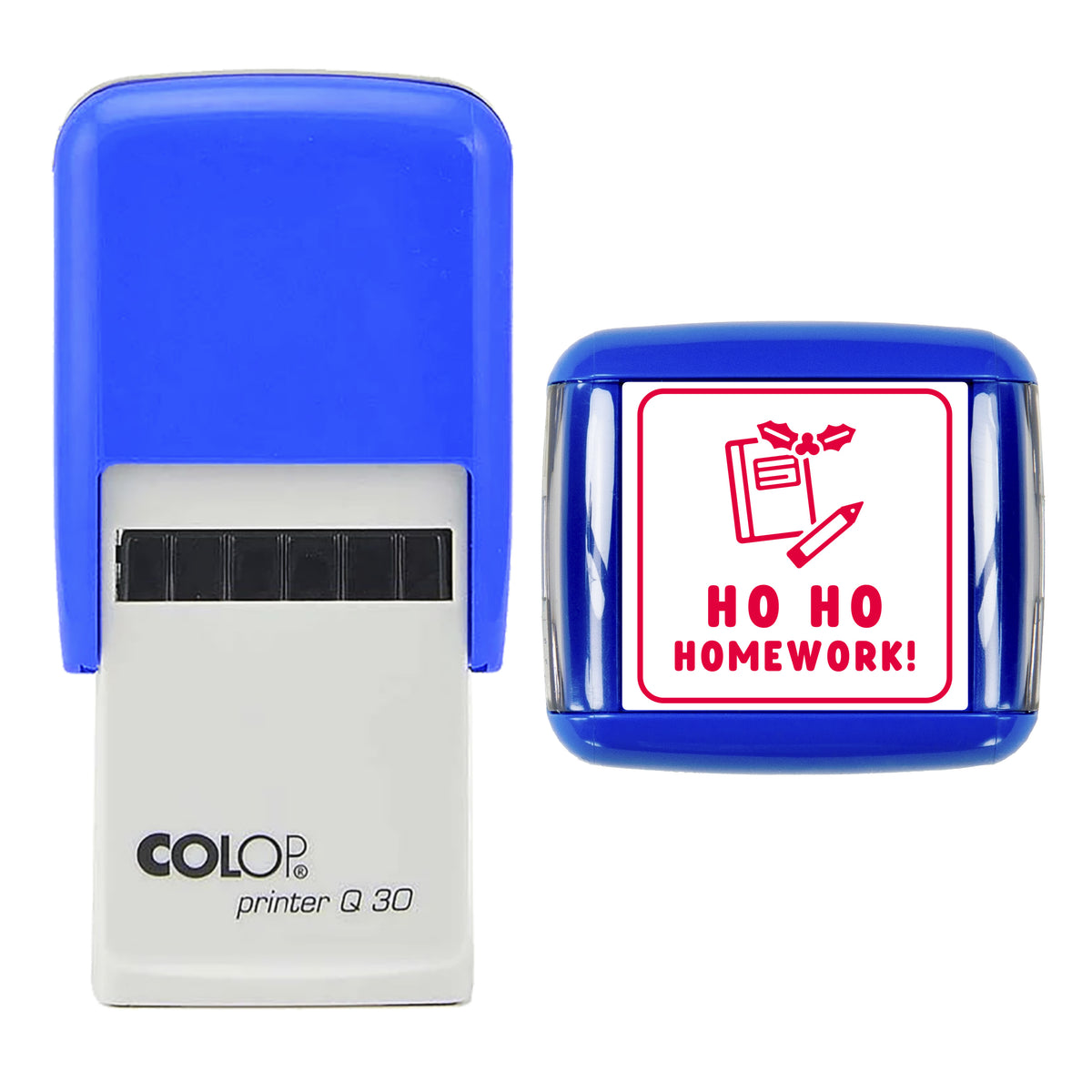 Stamp showing the Ho Ho Homework Christmas Reward design, 30 x 30mm COLOP Q30 self-inking stamp, red ink