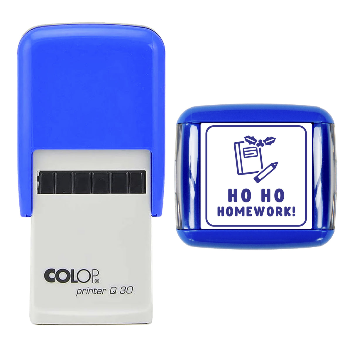 Stamp showing the Ho Ho Homework Christmas Reward design, 30 x 30mm COLOP Q30 self-inking stamp, violet ink