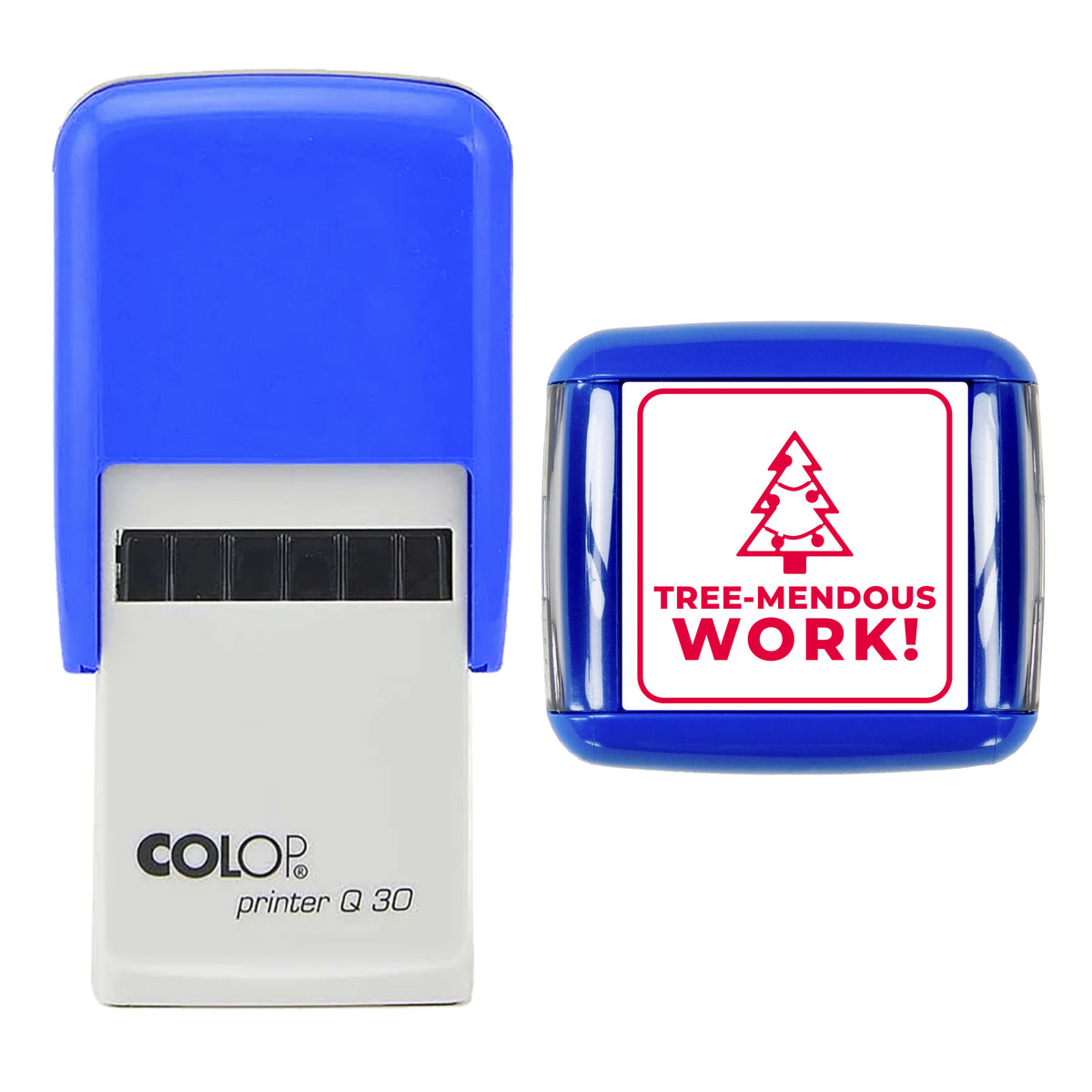 Stamp showing the Tree-mendous Work Christmas Reward design, 30 x 30mm COLOP Q30 self-inking stamp, red ink