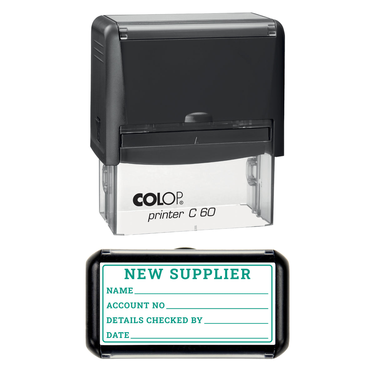 New Supplier Stamp, COLOP C60, 77 x 36mm, green ink
