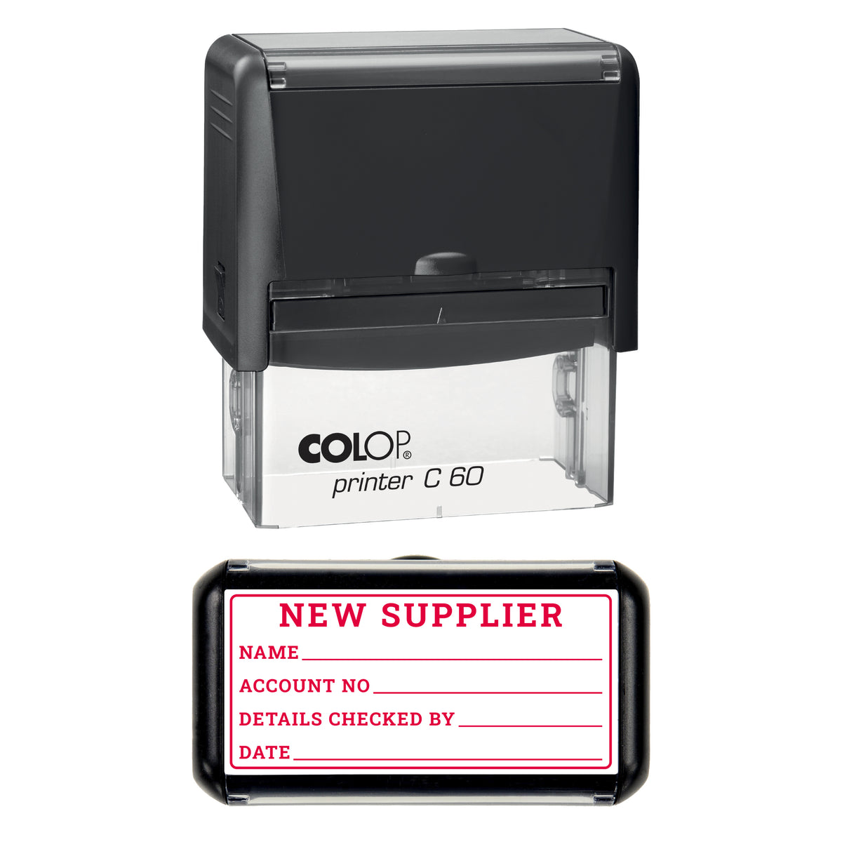 New Supplier Stamp, COLOP C60, 77 x 36mm, red ink