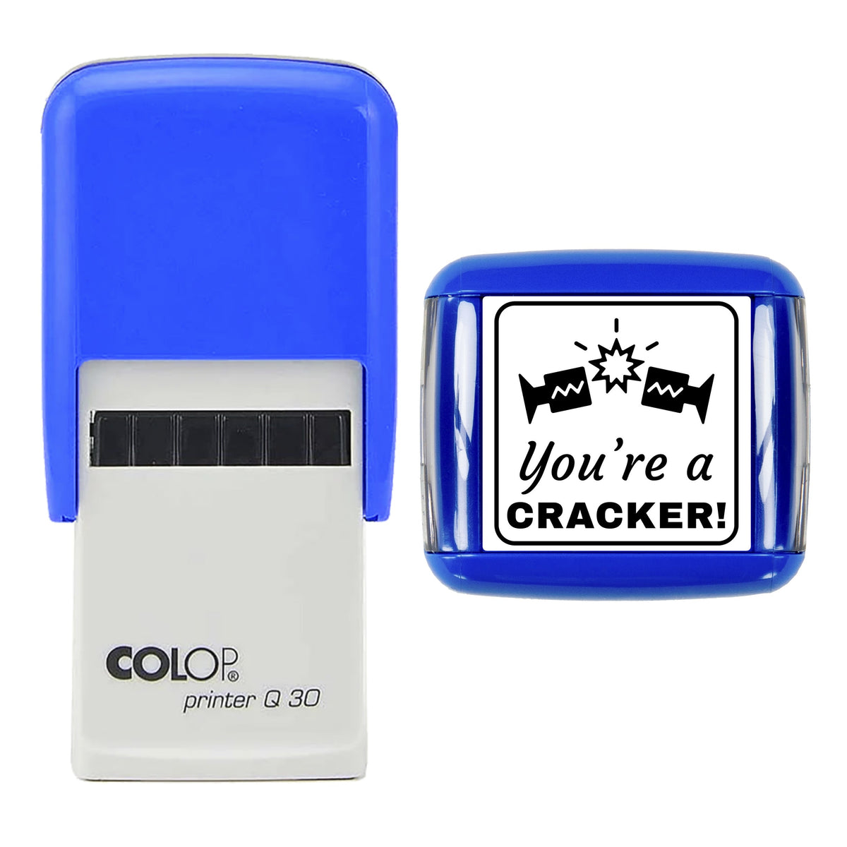 Stamp showing the You're a Cracker Christmas Reward design, 30 x 30mm COLOP Q30 self-inking stamp, black ink