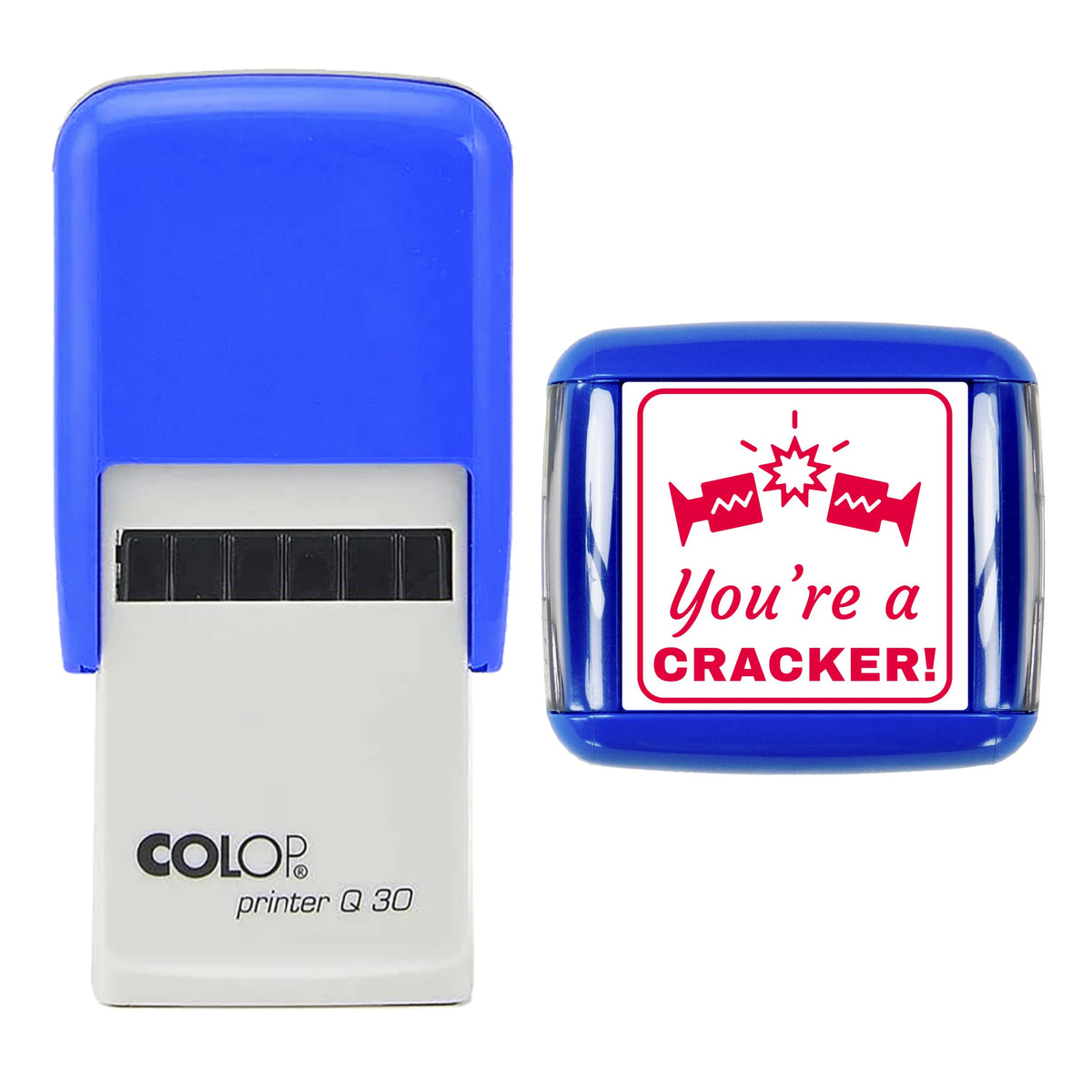Stamp showing the You're a Cracker Christmas Reward design, 30 x 30mm COLOP Q30 self-inking stamp, red ink