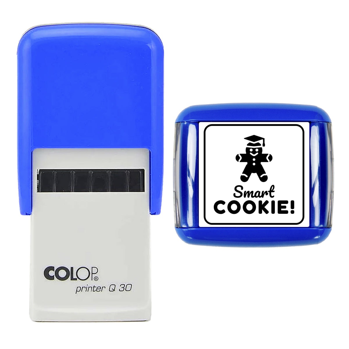 Stamp showing the Smart Cookie Christmas Reward design, 30 x 30mm COLOP Q30 self-inking stamp, black ink