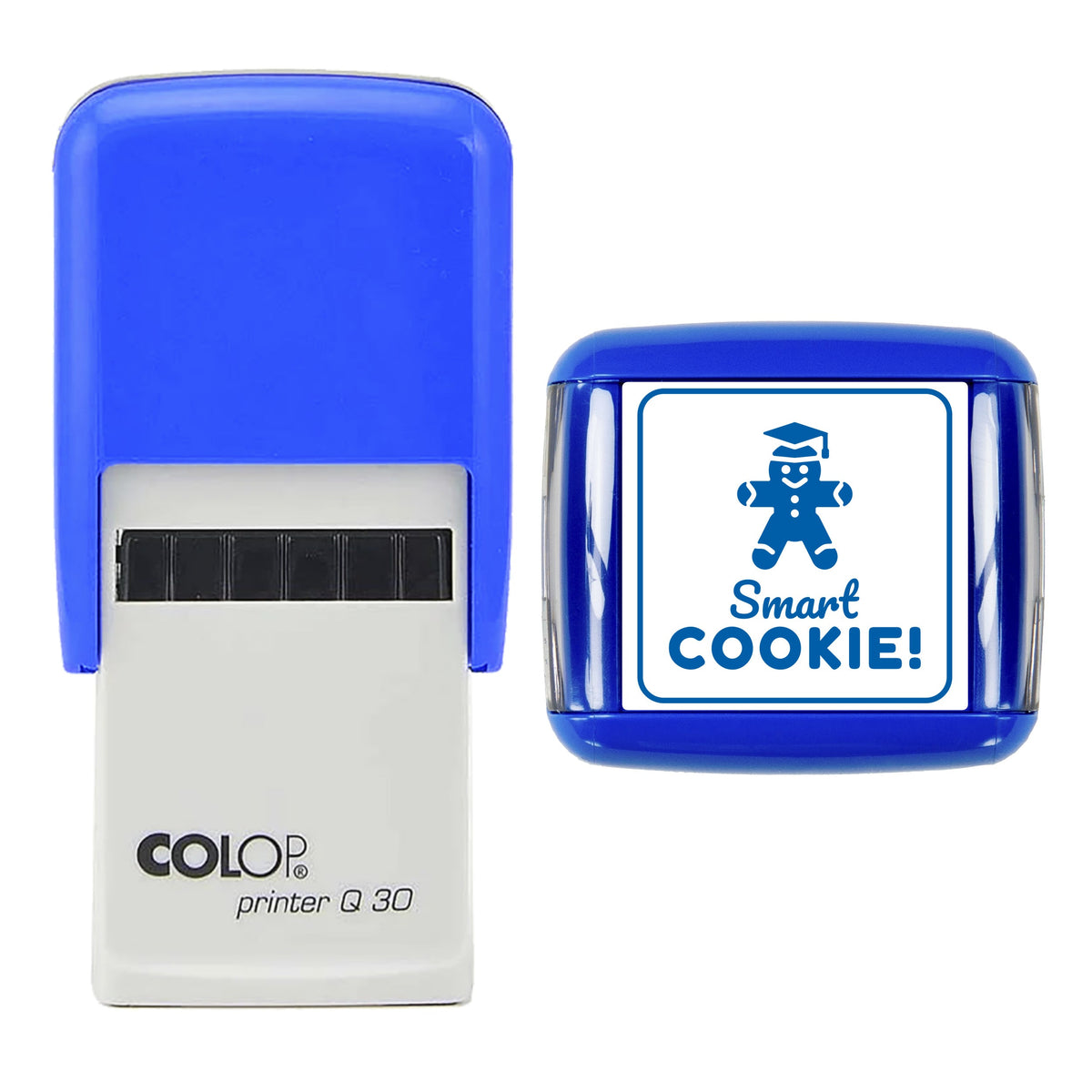 Stamp showing the Smart Cookie Christmas Reward design, 30 x 30mm COLOP Q30 self-inking stamp, blue ink