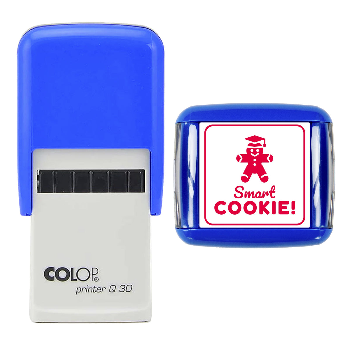 Stamp showing the Smart Cookie Christmas Reward design, 30 x 30mm COLOP Q30 self-inking stamp, red ink