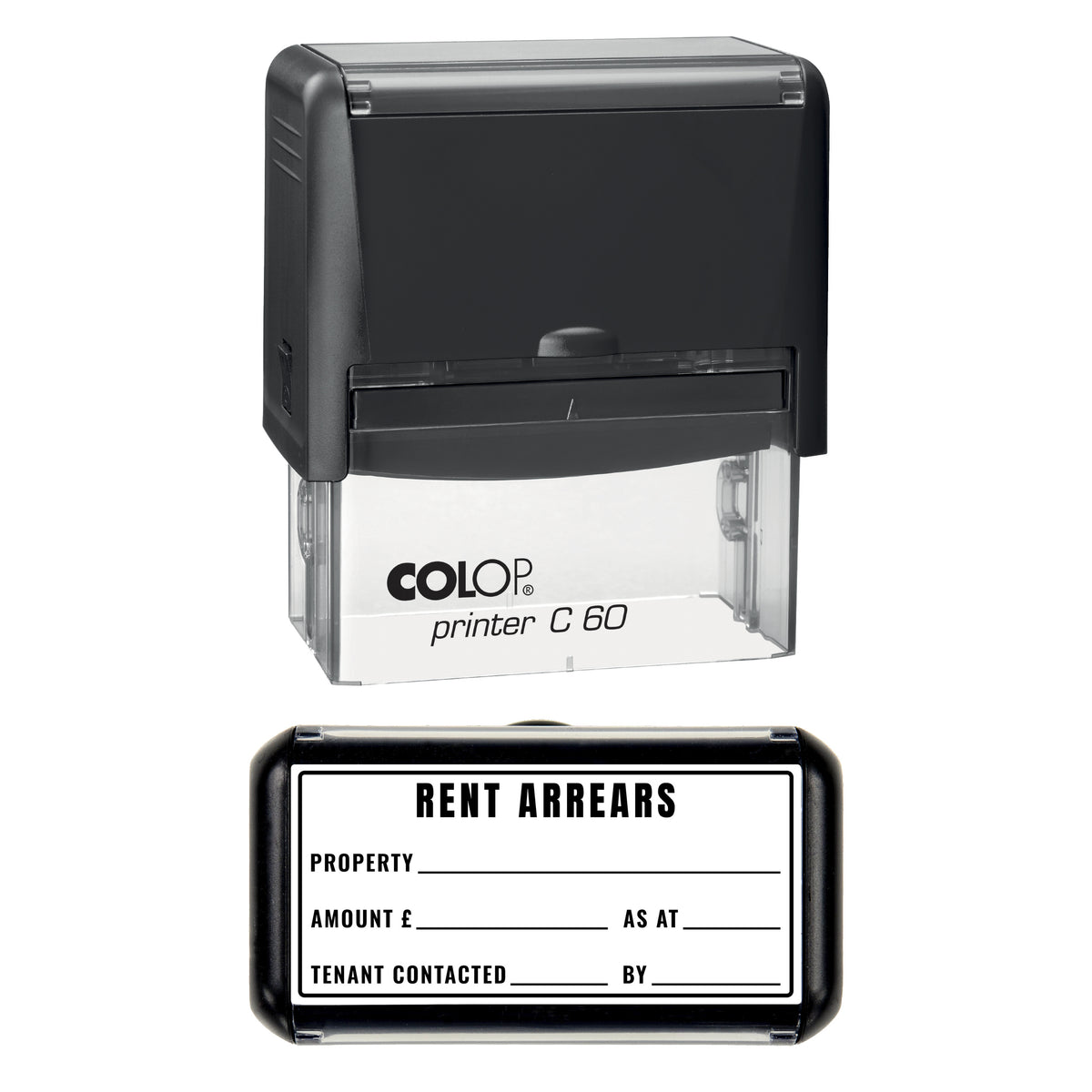 Stamp showing the Rent Arrears design, 77 x 36mm COLOP C60 self-inking stamp, black ink
