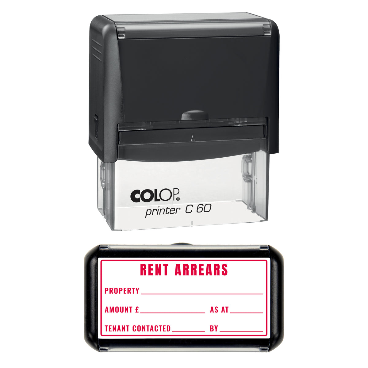 Stamp showing the Rent Arrears design, 77 x 36mm COLOP C60 self-inking stamp, red ink