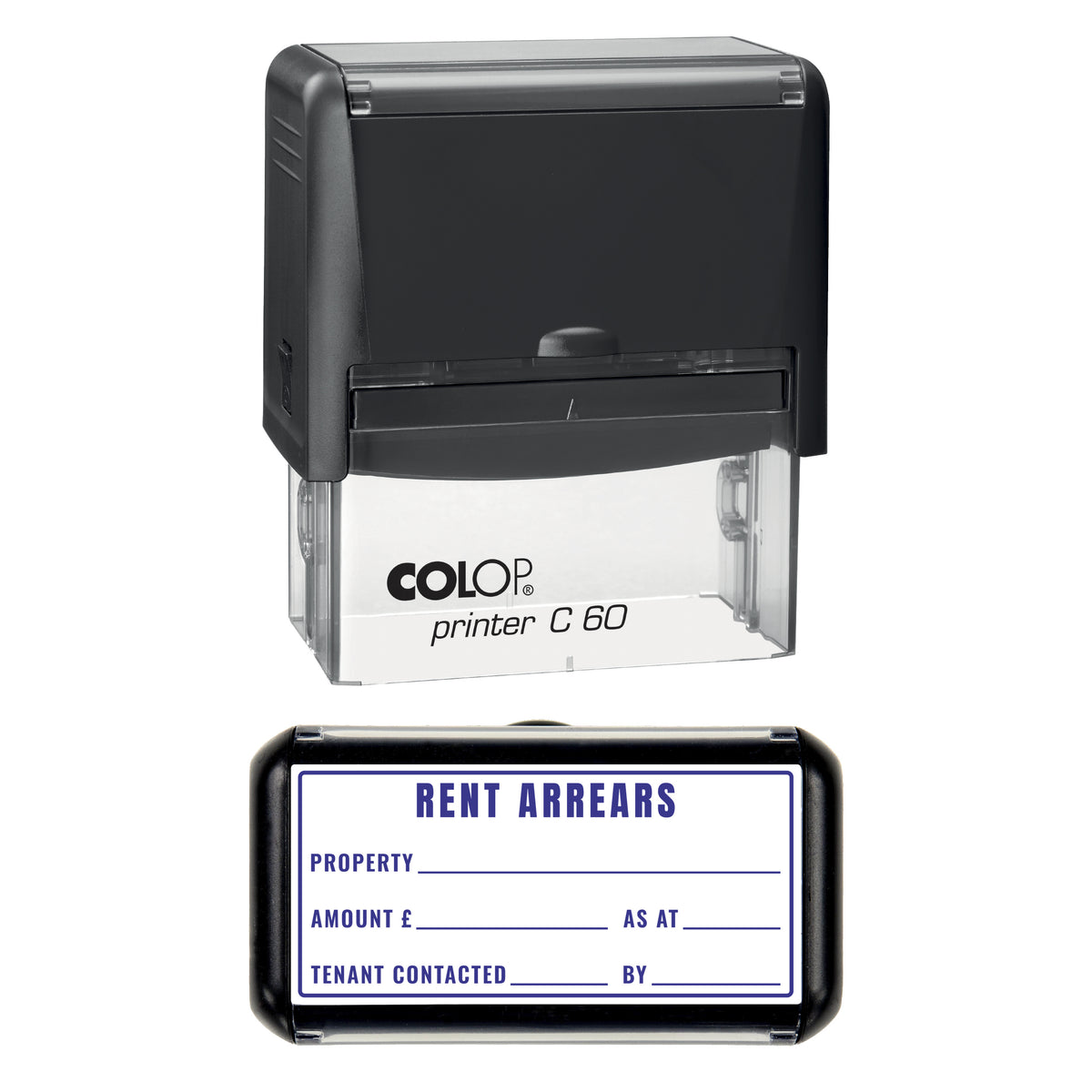 Stamp showing the Rent Arrears design, 77 x 36mm COLOP C60 self-inking stamp, violet ink