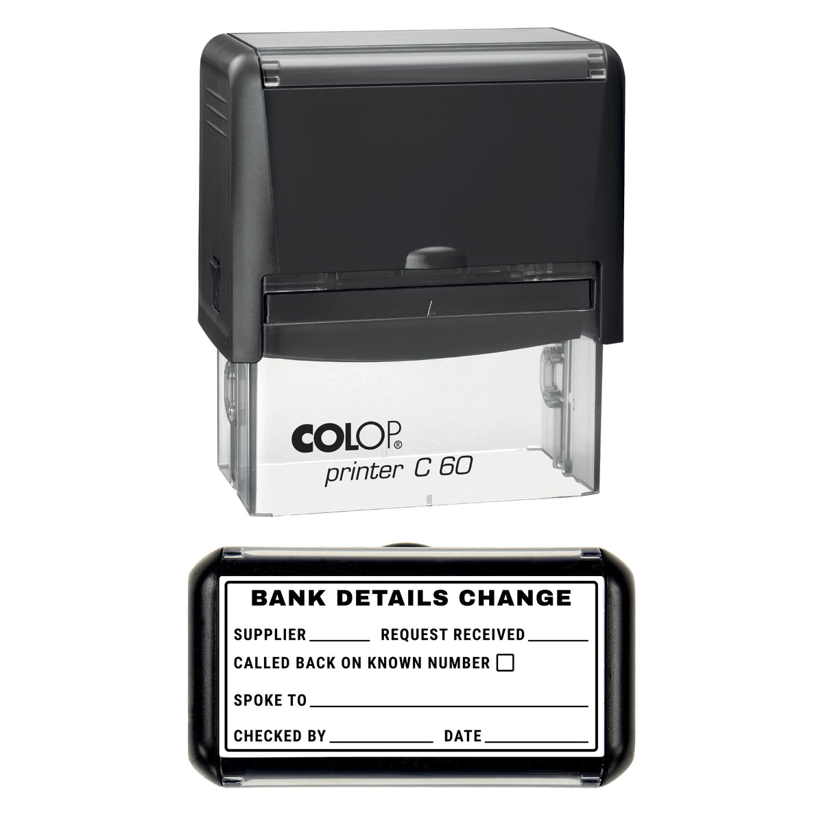 Stamp showing the Bank Details Change design, 77 x 36mm COLOP C60 self-inking stamp, black ink