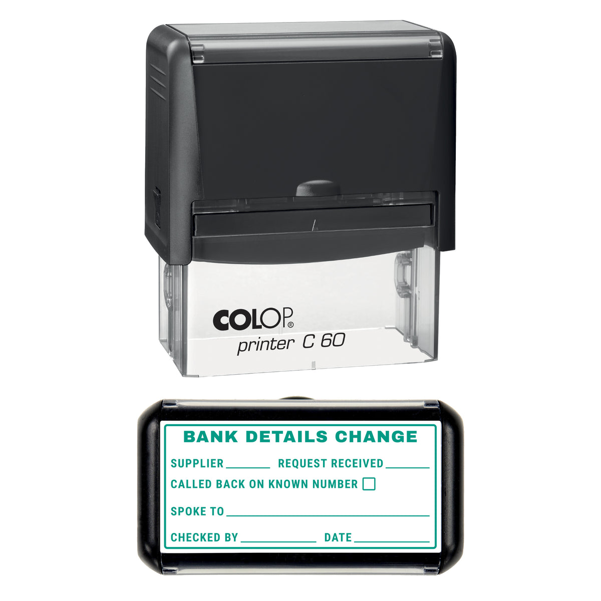 Stamp showing the Bank Details Change design, 77 x 36mm COLOP C60 self-inking stamp, green ink