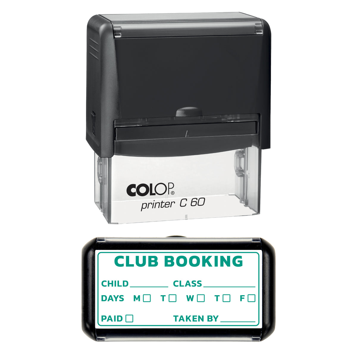 Stamp showing the Club Booking design, 77 x 36mm COLOP C60 self-inking stamp, green ink