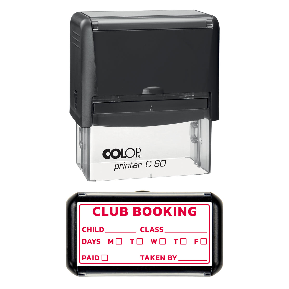 Stamp showing the Club Booking design, 77 x 36mm COLOP C60 self-inking stamp, red ink