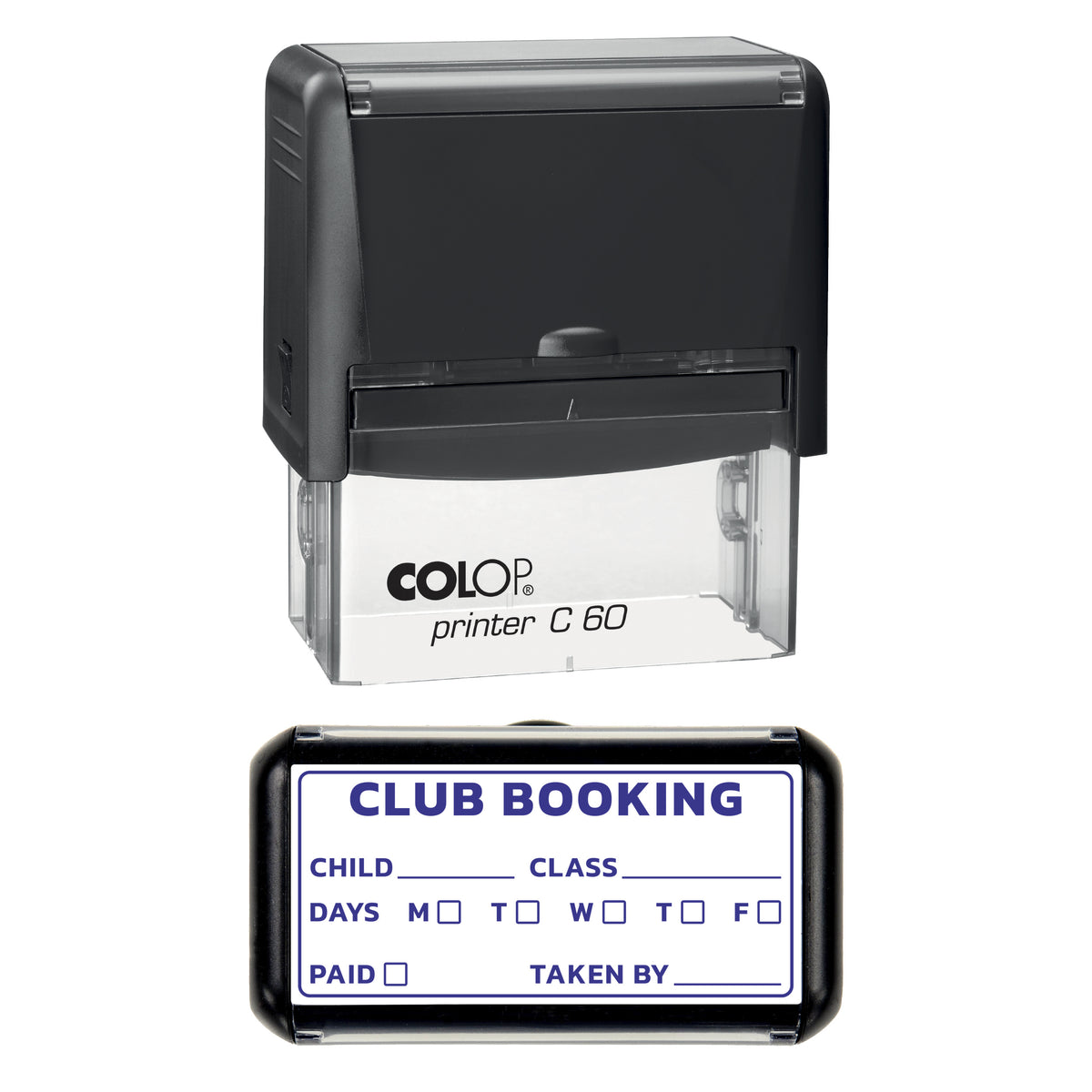 Stamp showing the Club Booking design, 77 x 36mm COLOP C60 self-inking stamp, violet ink