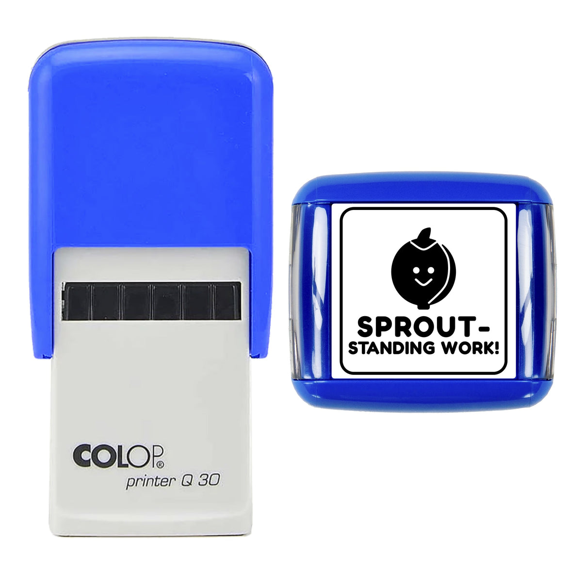 Stamp showing the Sprout-standing Work Christmas Reward design, 30 x 30mm COLOP Q30 self-inking stamp, black ink
