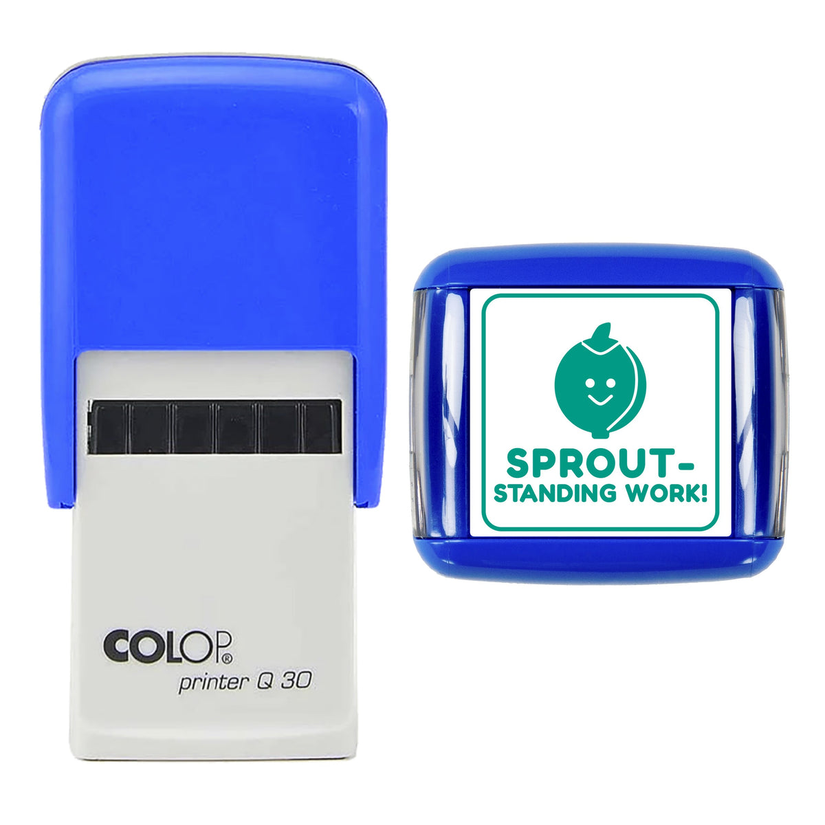 Stamp showing the Sprout-standing Work Christmas Reward design, 30 x 30mm COLOP Q30 self-inking stamp, green ink