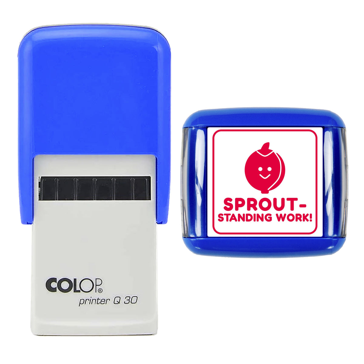 Stamp showing the Sprout-standing Work Christmas Reward design, 30 x 30mm COLOP Q30 self-inking stamp, red ink