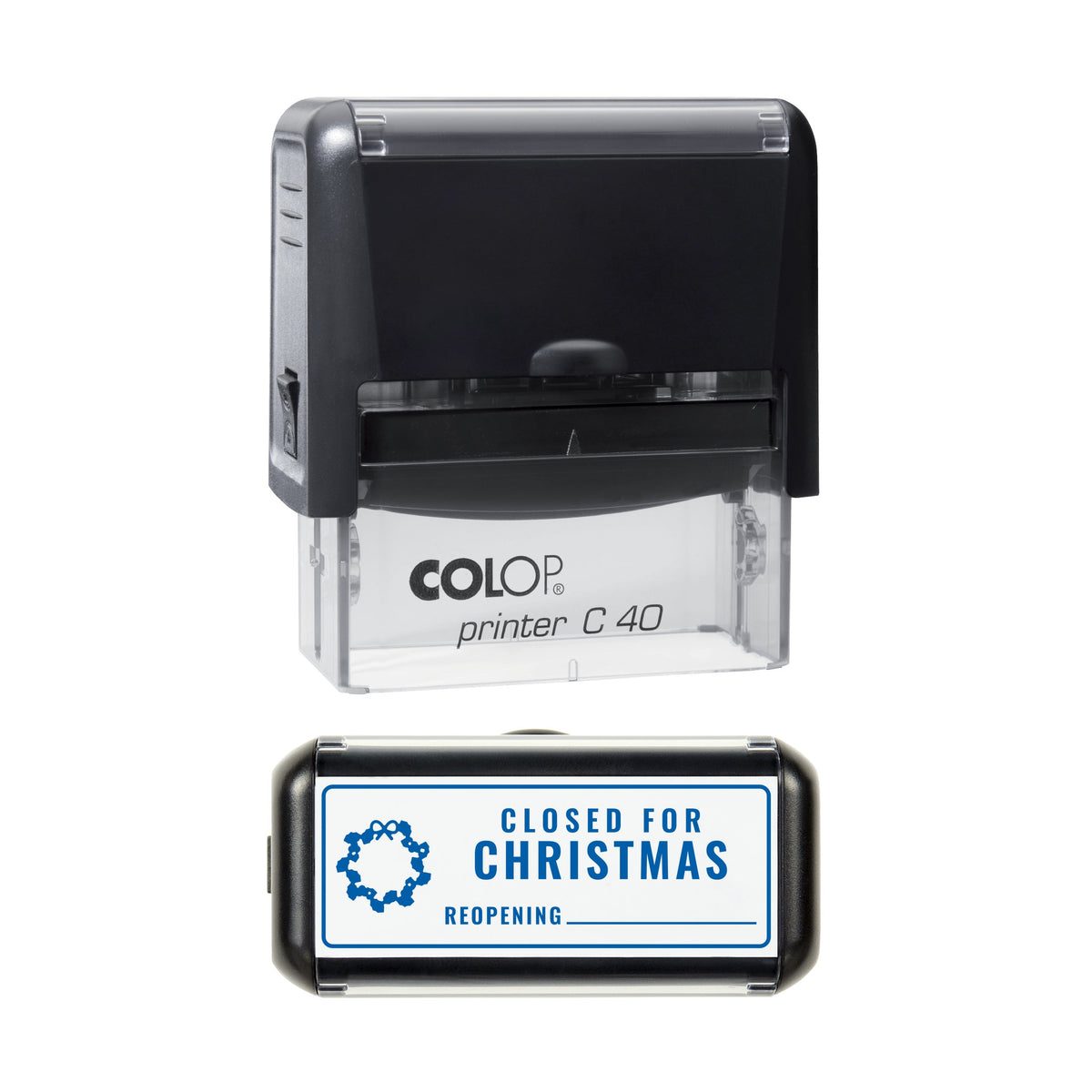 Stamp showing the Closed for Christmas design, 58 x 22mm COLOP C40 self-inking stamp, blue ink