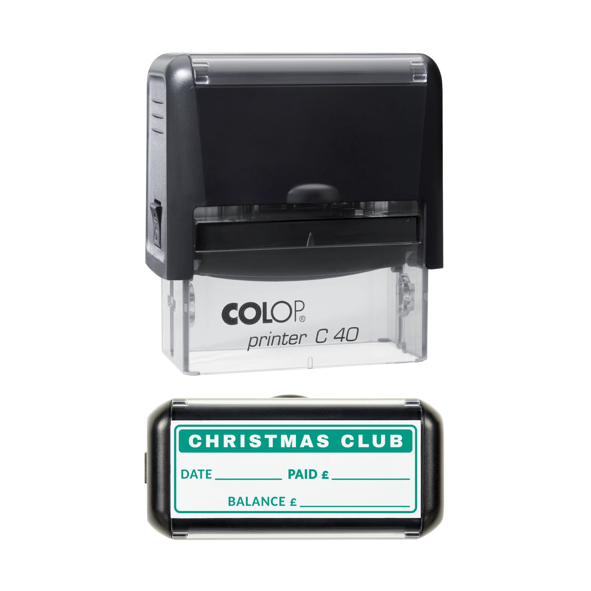 Stamp showing the Christmas Club Payment Card design, 58 x 22mm COLOP C40 self-inking stamp, green ink