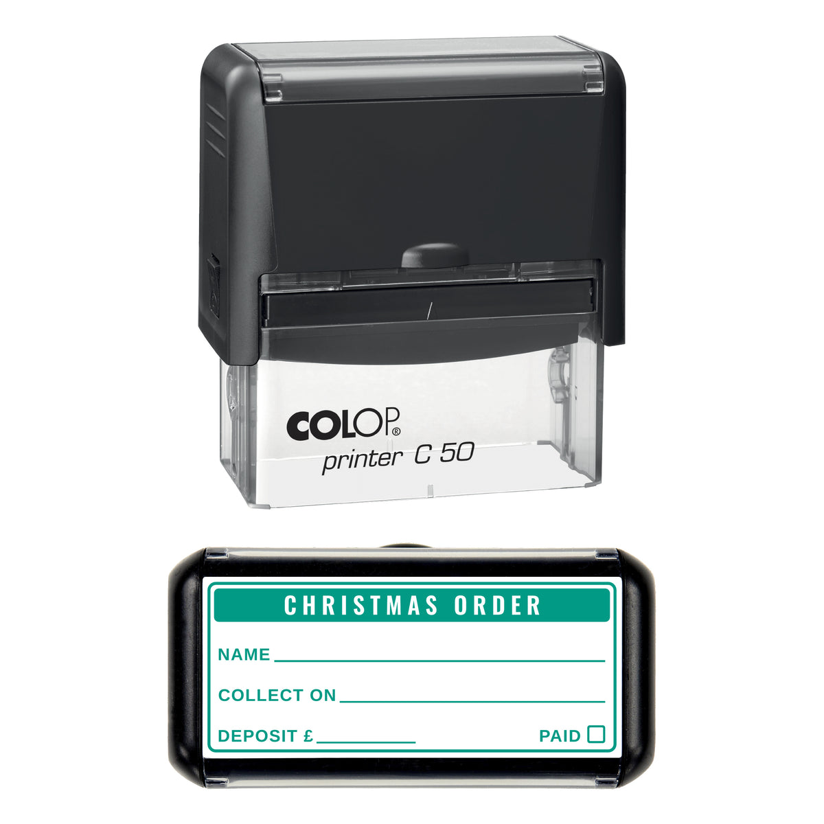 Stamp showing the Christmas Order Collection Slip design, 70 x 30mm COLOP C50 self-inking stamp, green ink