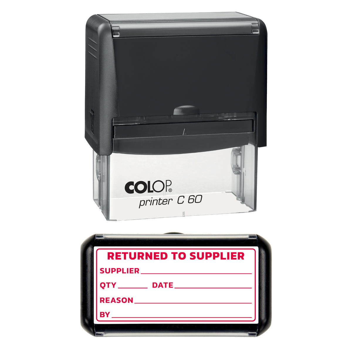 Stamp showing the Returned to Supplier design, 77 x 36mm COLOP C60 self-inking stamp, red ink
