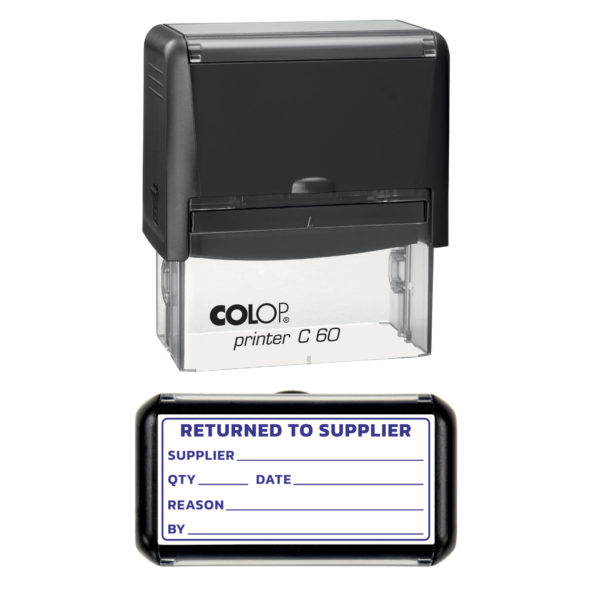 Stamp showing the Returned to Supplier design, 77 x 36mm COLOP C60 self-inking stamp, violet ink