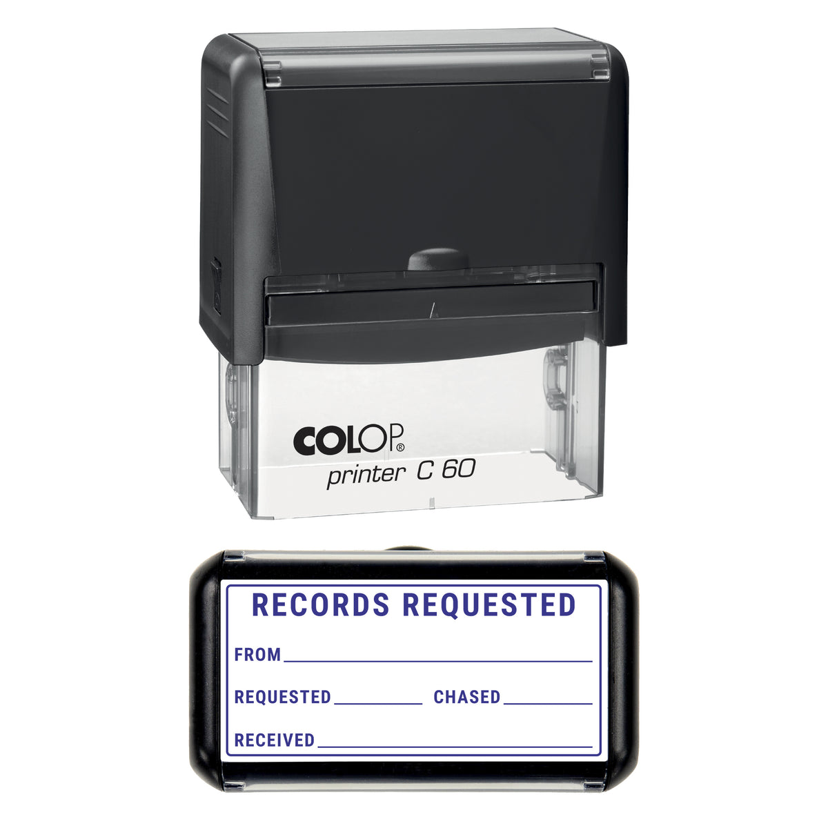 Stamp showing the Records Requested design, 77 x 36mm COLOP C60 self-inking stamp, violet ink