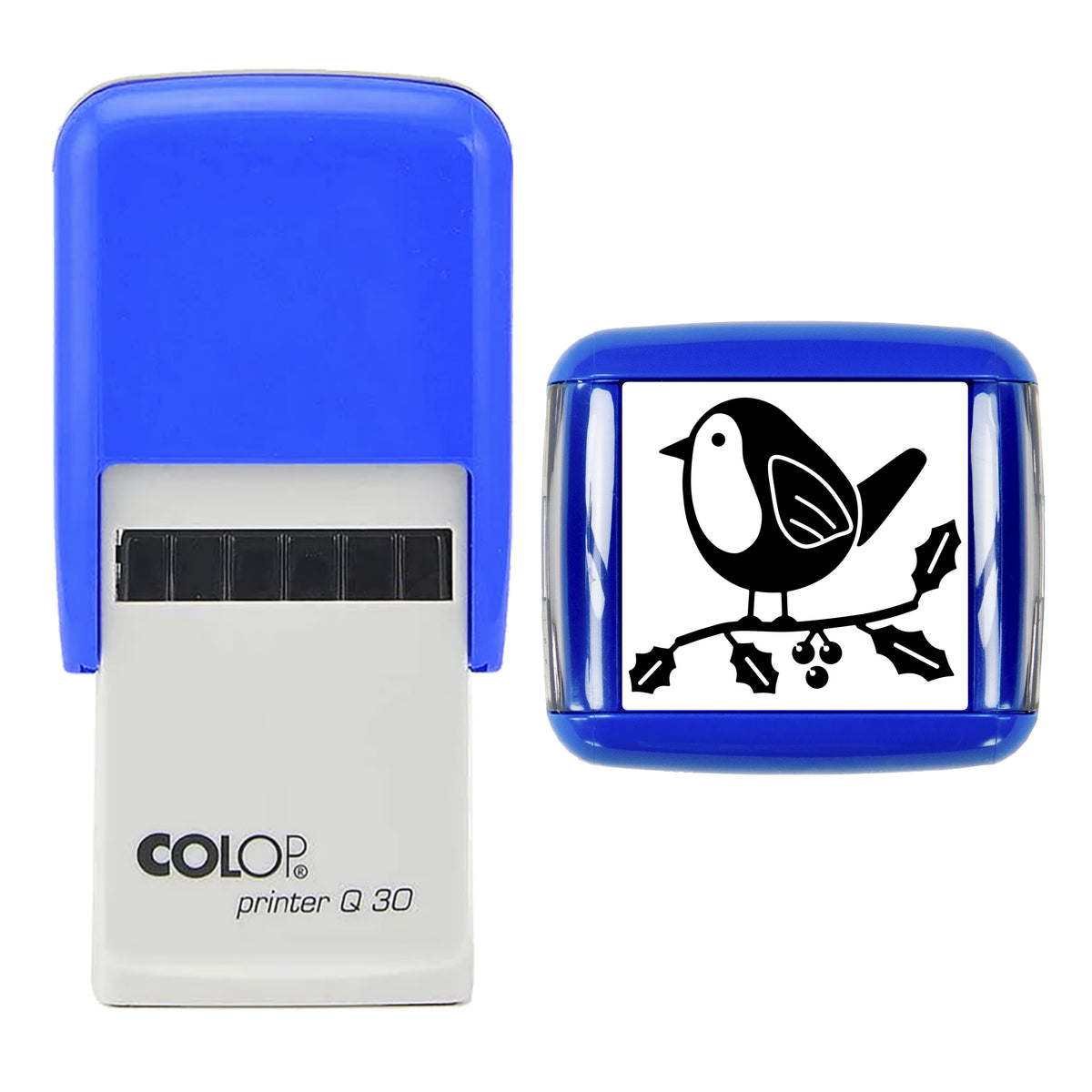 Stamp showing the Robin on Holly Christmas design, 30 x 30mm COLOP Q30 self-inking stamp, black ink