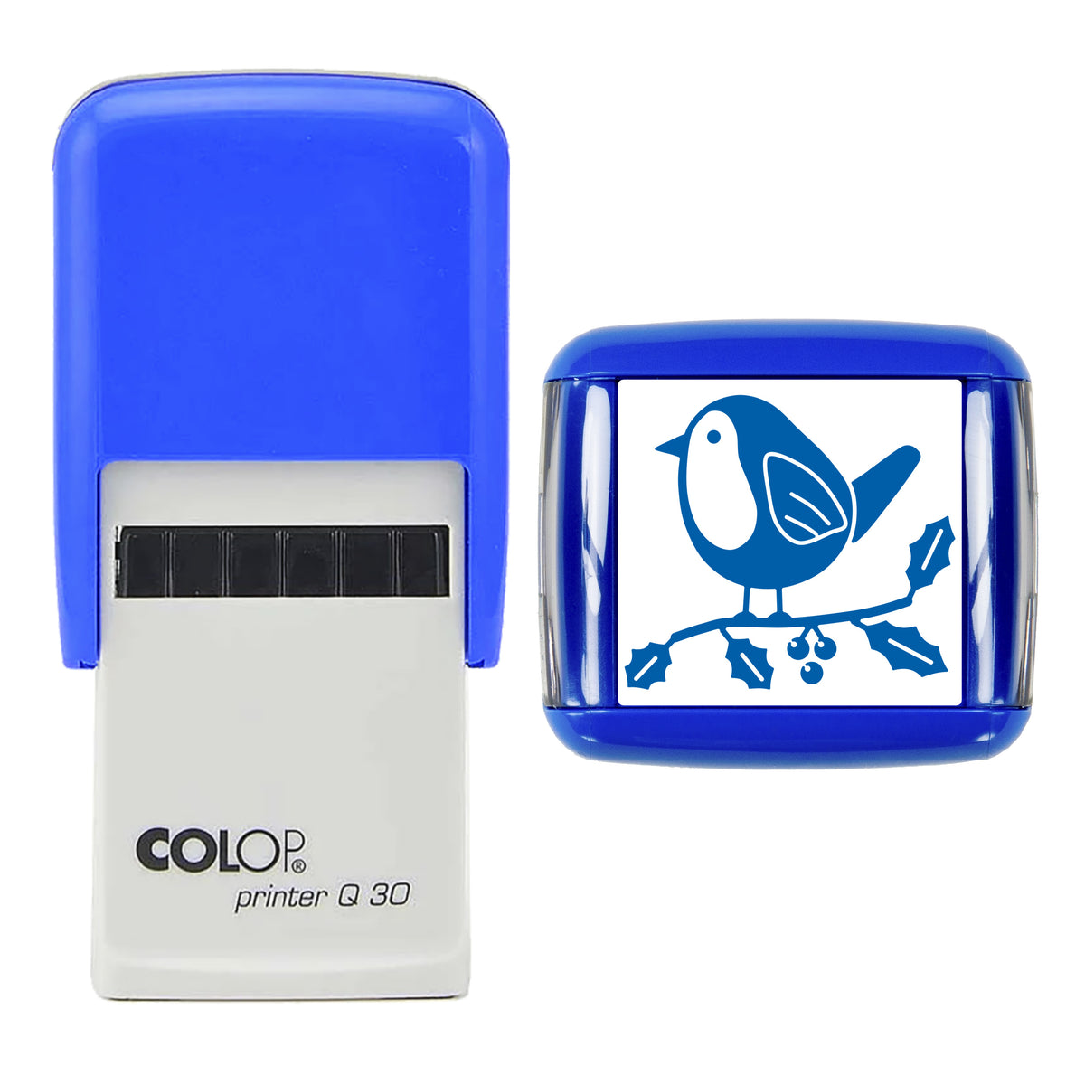 Stamp showing the Robin on Holly Christmas design, 30 x 30mm COLOP Q30 self-inking stamp, blue ink