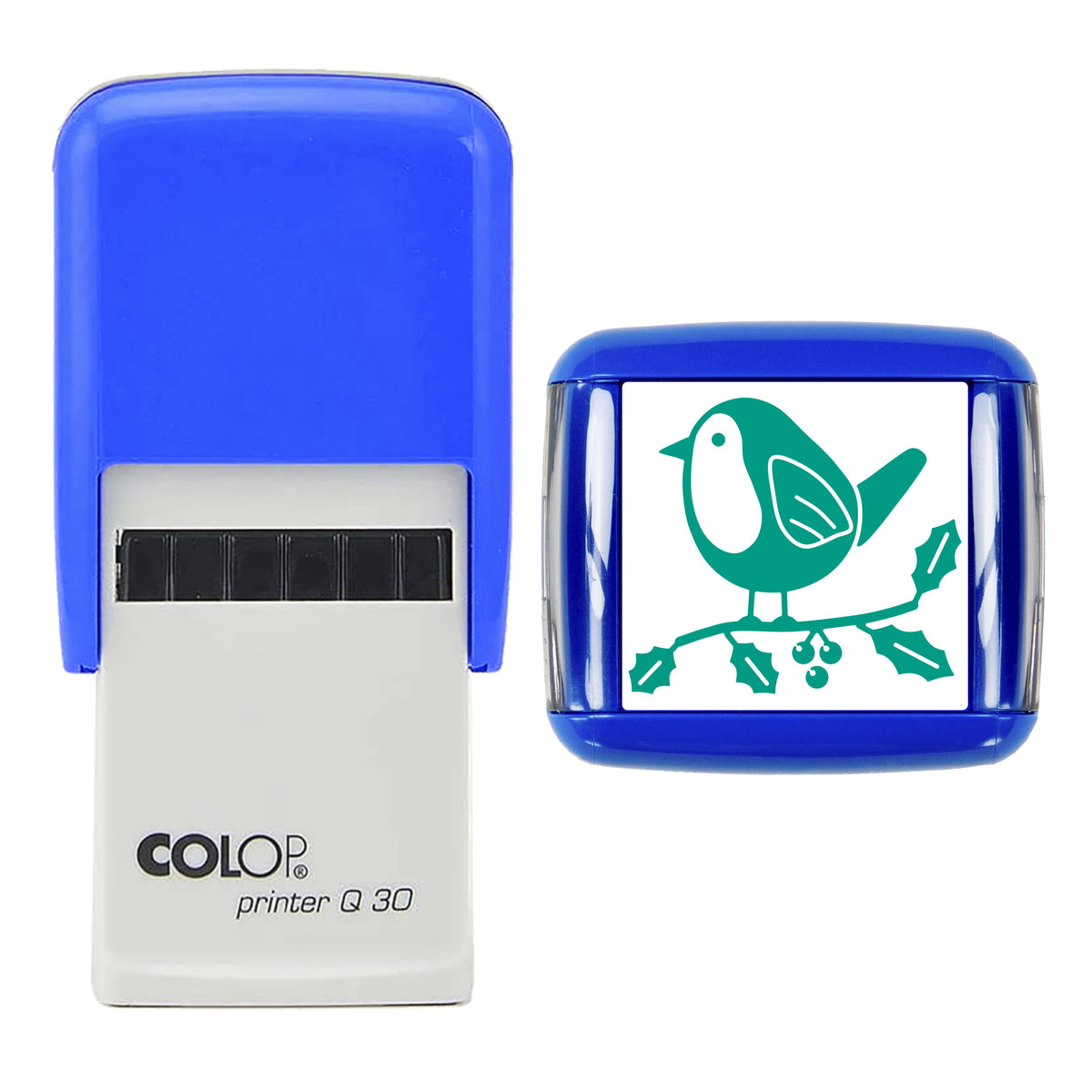 Stamp showing the Robin on Holly Christmas design, 30 x 30mm COLOP Q30 self-inking stamp, green ink