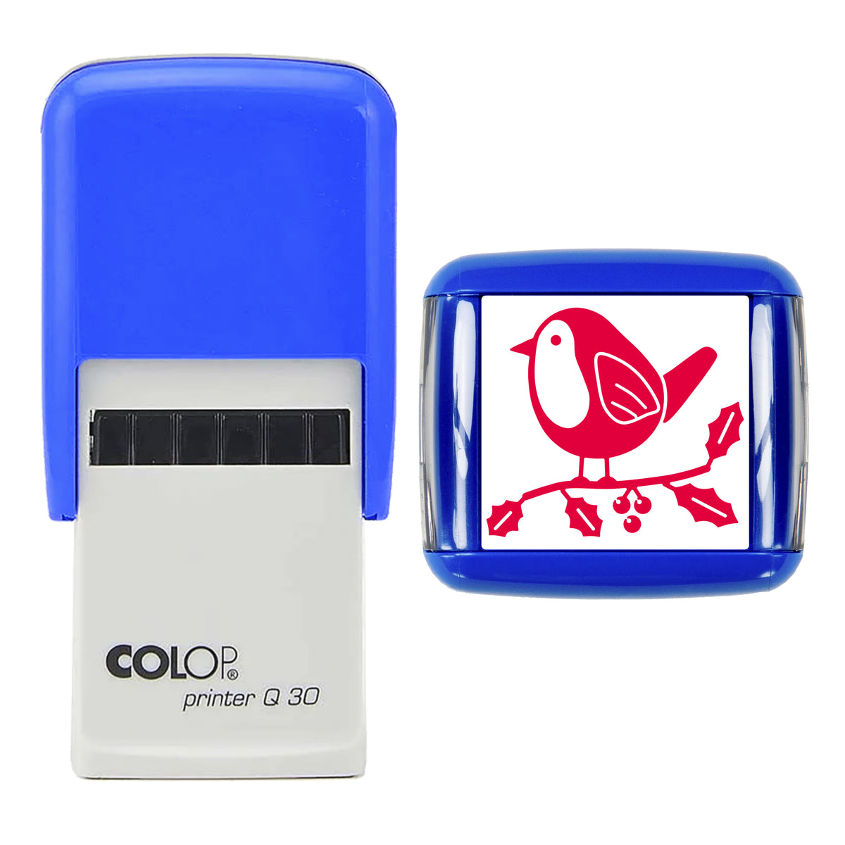 Stamp showing the Robin on Holly Christmas design, 30 x 30mm COLOP Q30 self-inking stamp, red ink