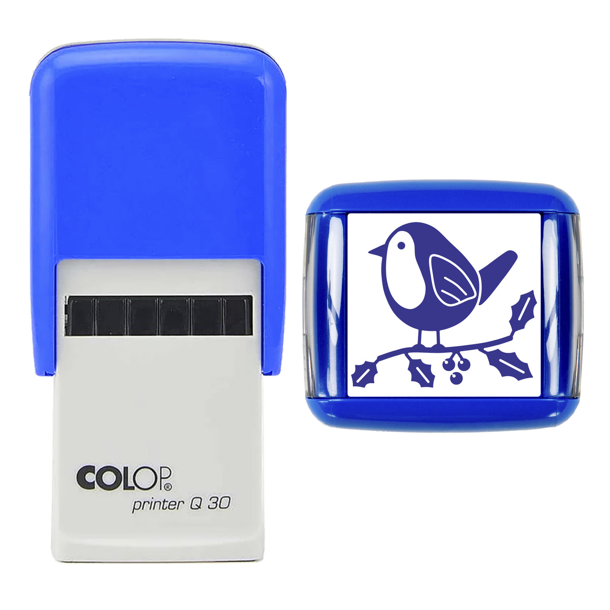 Stamp showing the Robin on Holly Christmas design, 30 x 30mm COLOP Q30 self-inking stamp, violet ink
