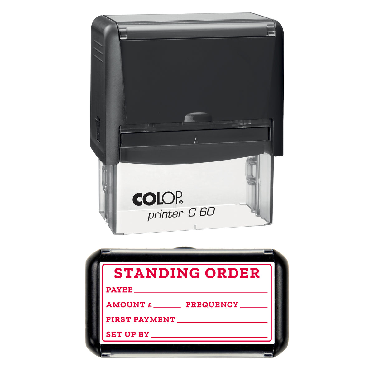 Stamp showing the Standing Order Record design, 77 x 36mm COLOP C60 self-inking stamp, red ink