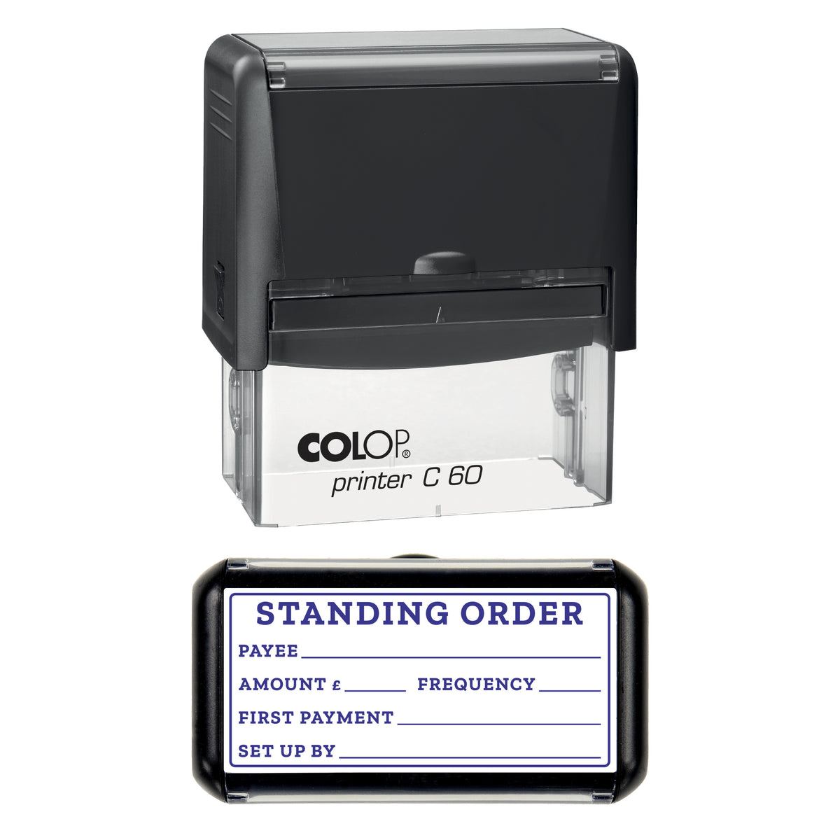 Stamp showing the Standing Order Record design, 77 x 36mm COLOP C60 self-inking stamp, violet ink