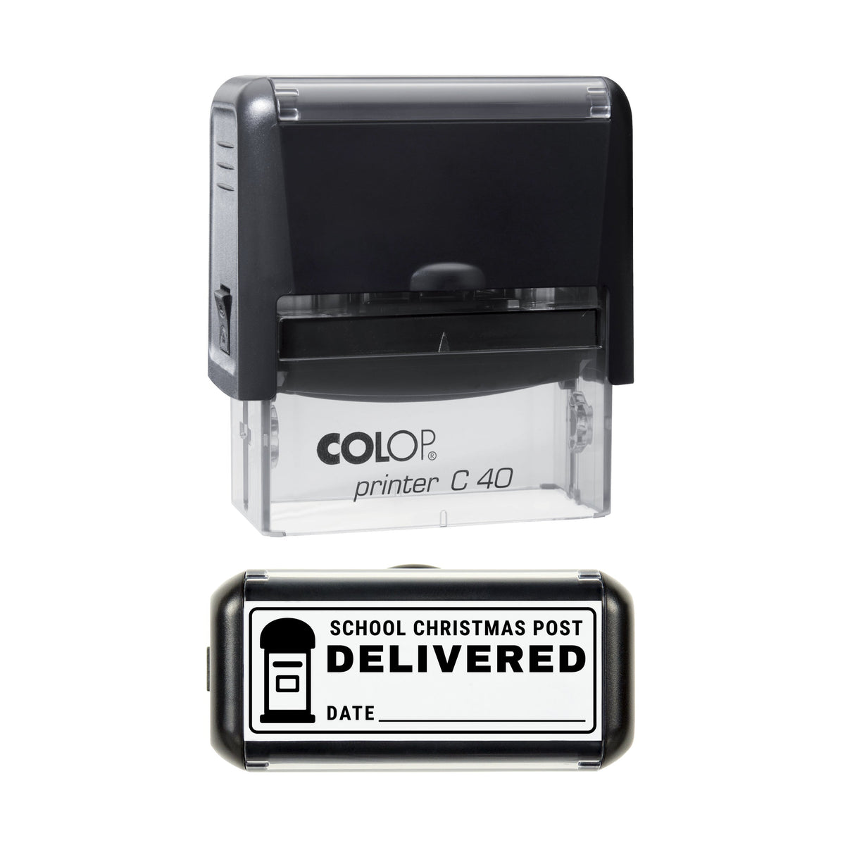 Stamp showing the School Christmas Post Delivered design, 58 x 22mm COLOP C40 self-inking stamp, black ink