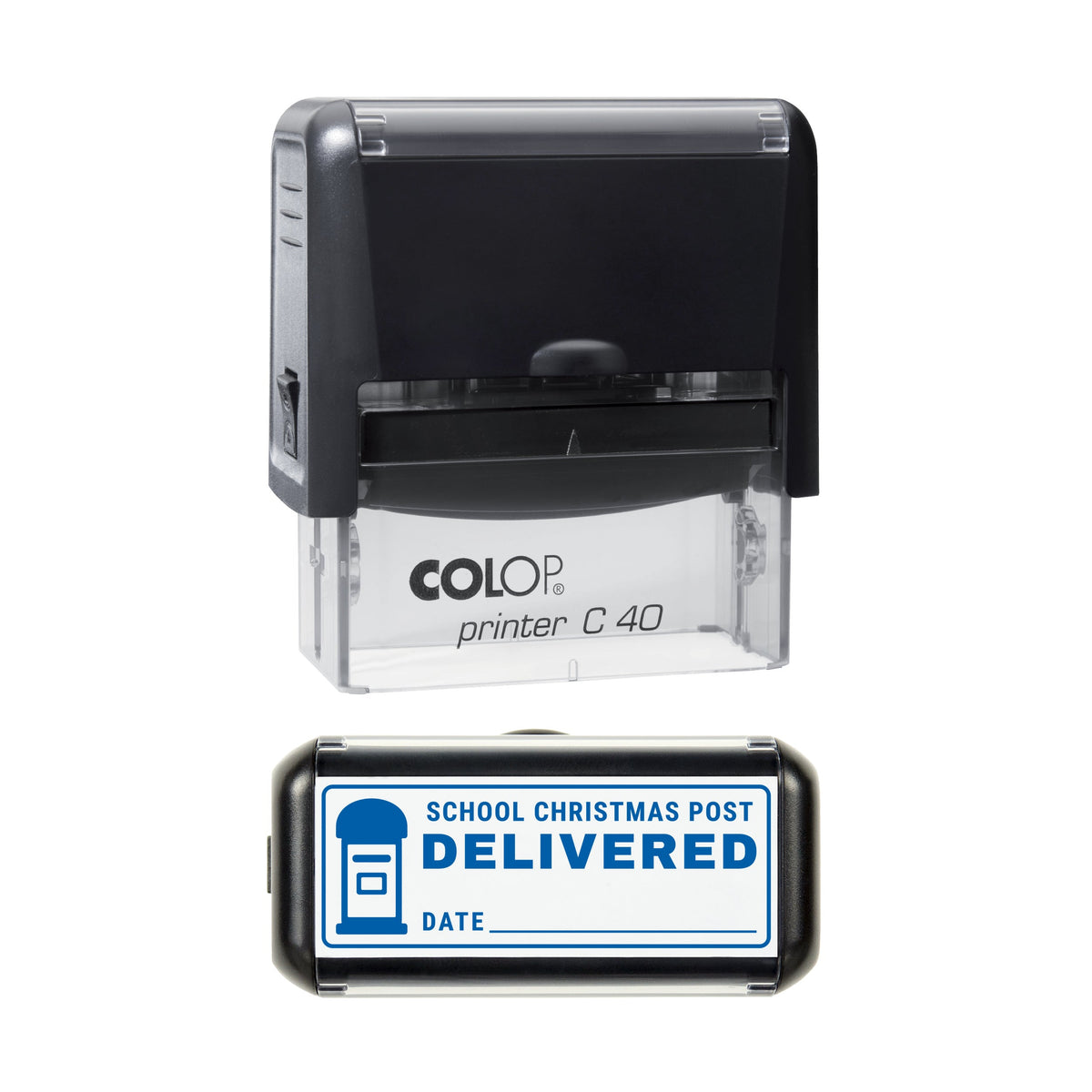Stamp showing the School Christmas Post Delivered design, 58 x 22mm COLOP C40 self-inking stamp, blue ink