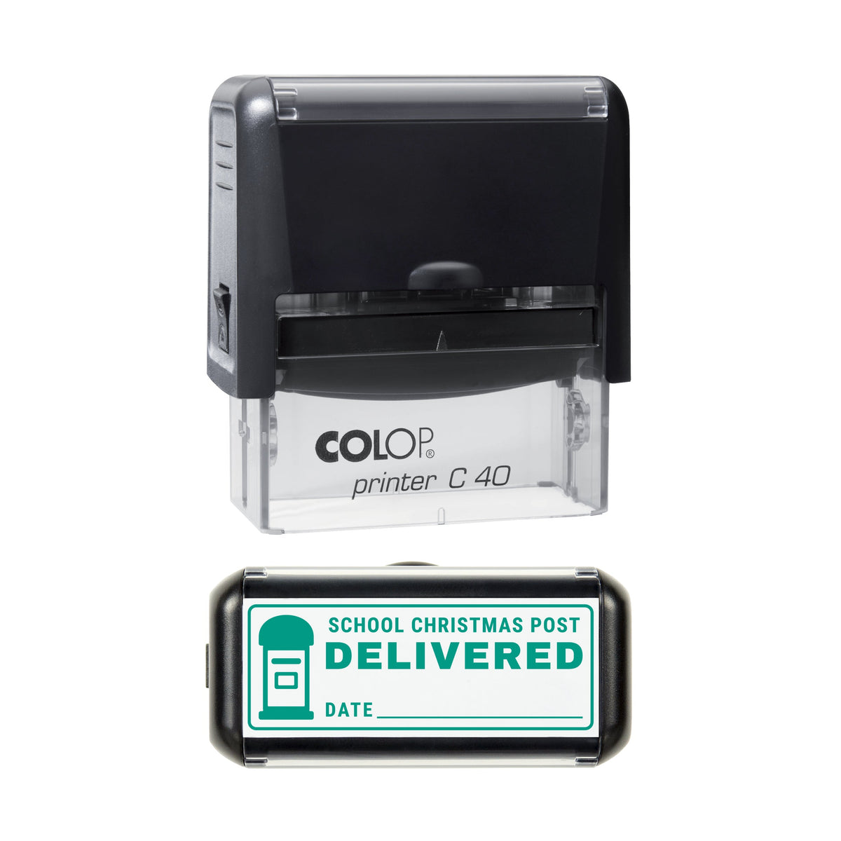 Stamp showing the School Christmas Post Delivered design, 58 x 22mm COLOP C40 self-inking stamp, green ink