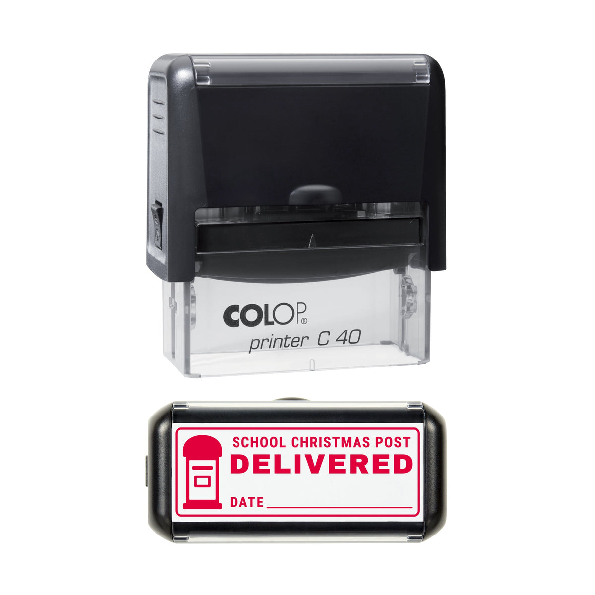 Stamp showing the School Christmas Post Delivered design, 58 x 22mm COLOP C40 self-inking stamp, red ink
